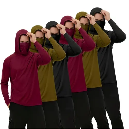 Men's 6-Piece UPF 50+ Hooded Long-Sleeve Polyester Sun Shirt, Quick-Dry, UV Shielding, Loose Fit/Regular Cut, Full Face Mask, Outdoor Fishing/Cycling Sports Top