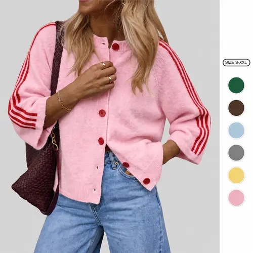 Imily Bela Women Striped 3/4 Sleeve Knit Cardigan Casual Crew Neck Button Down Cropped Sweater Jacket Y2K Fall Outfits Striped Knitted Cardigan Knitting Cardigan