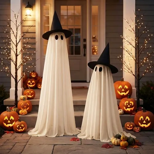 2-Pack White LED Ghost String Lights, Halloween Decor, Multiple Lighting Modes, Remote-Controlled and Adjustable, 5-Foot Adjustable Wind-Resistant Design, Remote-Controlled Indoor/Outdoor Yard and Porch Decor (Batteries Not Included), 2-Pack