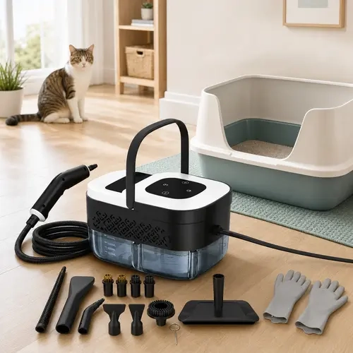 ECORUI Portable Steam Cleaner for Pet Homes, 221°F High-Temperature Handheld Steamer with 15-Second Heat-Up, 6 Steam Levels, 18 Attachments for Litter Boxes, Floors, Crates, Feeding Areas & More