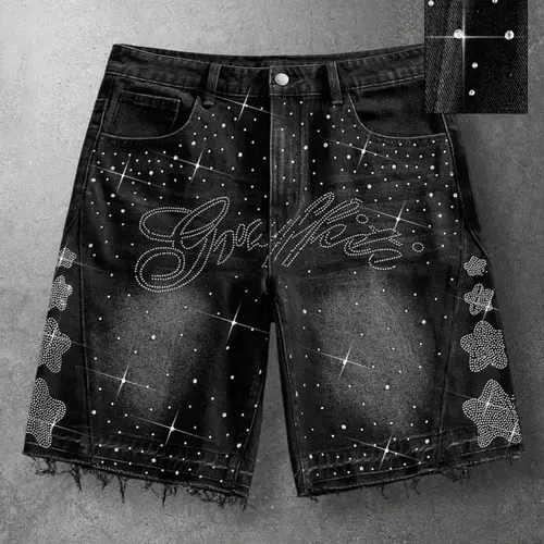 Men's Black Rhinestone Decoration Fashion Jeans Clothing - Mid-Waist, Oversized Loose-Fit, Washed Finish, Vintage Raw Hem, 5-Point Summer Casual Hip Hop Streetwear Shorts,sohochic