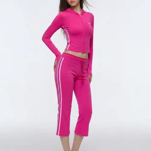 FDR Women's Y2K Zip-Up Hoodie & Contrast Tape Flare Sweatpants Set, Slim Fit Stretch Two-Piece Tracksuit, Sporty Athleisure Outfit for Casual Everyday Wear, Workout, Travel and Streetwear Style #TikTokShopBackToSchool
