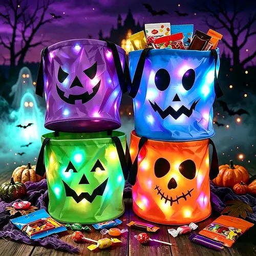 3/4-Piece LED Lighted Non-Woven Halloween Candy Bucket Set, Spooky Pumpkins Candy Baskets, Reusable Trick-or-Treat Totes for Students, Lightweight Storage Supplies for Halloween & Birthday Celebrations, Reusable Tote