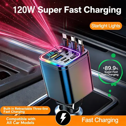 7 in 1 Retractable Car Charger,120W Star Lights Fast Charging Car Charger | Car Charger USB C,Car Accessories,Voltage Smart Display,3 Retractable Cables for iPhone 17 Pro/16/15/14,Galaxy S26,Pixel 10