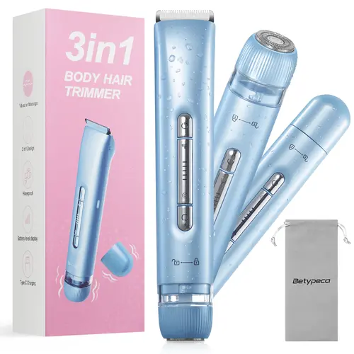 BETYPECA Women's 3-in-1 Rechargeable Bikini Trimmer Kit - Lightweight IPX7 Waterproof Electric Epilator, Clipper, Shaver with 6000-7000 VPM Vibration Massage, Cordless Beauty & Self Care Products for Facial Hair Removal, Wife Gift, Beauty Products