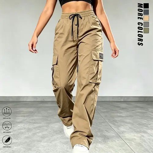 Women’s cargo pants: casual, elastic waist, Bohemian minimalist basic women’s trousers with pockets; suitable for summer outfits, vacations, and beachwear; sporty casual style; comfortable loose fit; casual drawstring high-waist pants; loose and comfortab