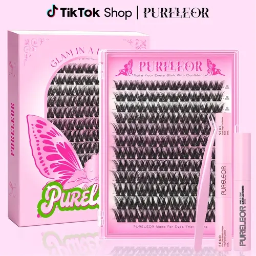 PURELEOR Manga Cluster Lashes Kit or Single Box Classic C Curl Individual Eyelashes Extensions 10-12-14-16mm Mixed Length Easy DIY at Home for Daily&Party,familyfun