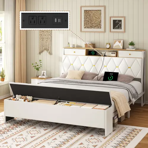 Bed Frame with Storage Bench, with 2 Drawers And Charging Station, No Box Spring Needed, Black/White  # queen bed frame