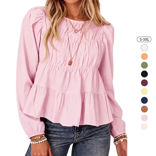 [HALLOWEEN] Tankaneo Womens long Sleeve Puff Loe Babydoll Tops Peplum Pleated Flowy Blouse | Spring Fall, Crew Neck, Trendy Casual, Loose Fit, Cute Shirts, Back Keyhole Womenswear