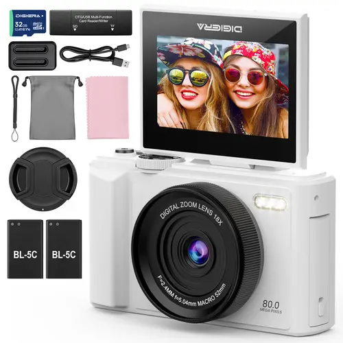 Digital Camera with WiFi, Auto Focus, Wide-Angle Lens, LED Light, Webcam Function, 2 Batteries & Waterproof Housing