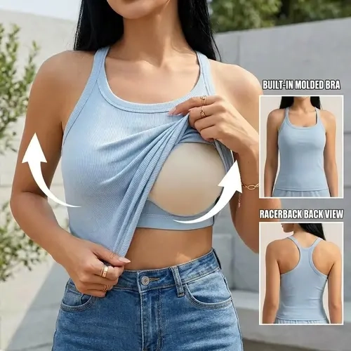 4/3/2/1PCS Women's Built in BraTank Top I Racerback Cropped Camisole withRemovable Pads | Wireless SupportiveWorkout Yoga Top I Stretchy Athletic BasicsBodyshaper Sleeveless TeeI ComfortableSummer Essential Bra Cami for Everyday