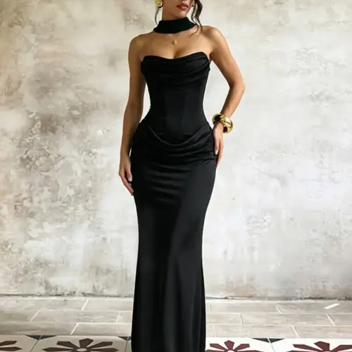 Ribbon Halter Top Waist Cinch Pouch Dress, Stylish Women's Fashion, Comfortable & Chic, Perfect for Daily Wear & & Special Occasions, Evening Cocktail Dress
