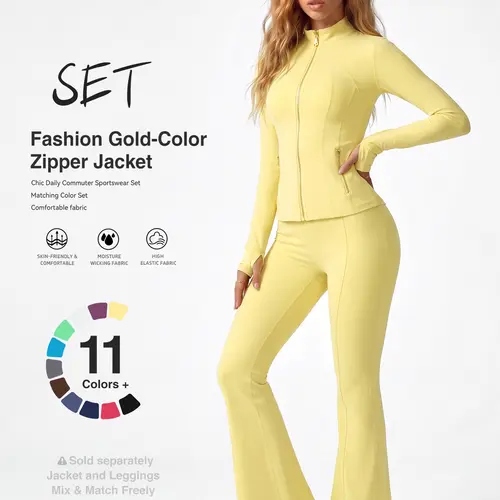 Women's 2-Piece Gold-Zipper Active Yoga Set - Soft Moisture-Wicking Stretch Jacket & High-Waist Flared Leggings, Skin-Friendly Gym Outfits, Matching Women's Clothes for Running Daily Commute, 2 Piece Sets,back to school,back to school haul tiktokshopbackt