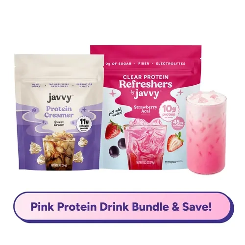 Javvy Rose Cream Protein Drink Bundle with Collagen - Strawberry Acai Refresher & Sweet Cream Collagen Protein Creamer – Pink Strawberry Sweet Cream Refresher with Clear Whey, Electrolytes & Collagen – Keto Friendly, No Added Sugar