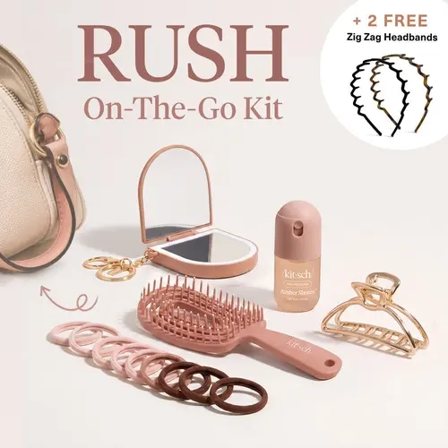 KITSCH RUSH ON-THE-GO KIT – Campus Hair Essentials Set - Compact Mirror Keychain - Mini Hair Perfume - Detangling Flexi Brush - Cloud Clip and Elastics - Sorority Haircare