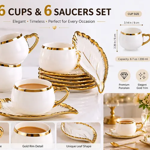 6-Piece Porcelain Espresso Cup & Saucer Set with Gold Trim