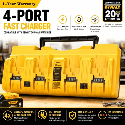 Portable 4-Bay Battery Charger Compatible with DEWALT 10.8V–20V Li-Ion Batteries, Wall-Mount Design