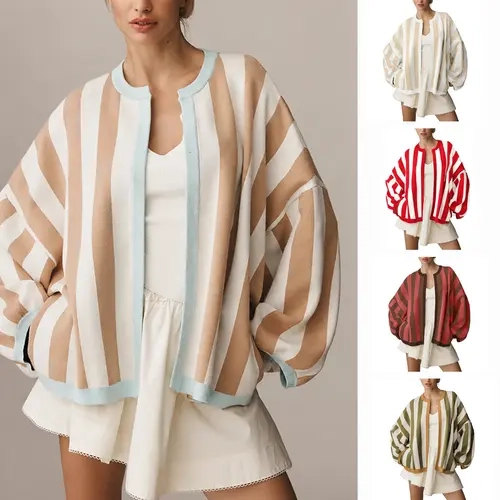 Yeokou Women's Striped Knit Cardigan for Back to School, Casual Oversized Open Front Tops, Long Balloon Sleeve Knitwear, Baggy Loose Fit