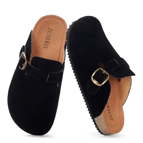KUKTO Kids' Classic Slip-On Suede Clogs - Casual Slipper Shoes, Slip On Slipper, Cork Footbed, Adjustable Buckles, Leather Mules for Year-Round Indoor-Outdoor Wear