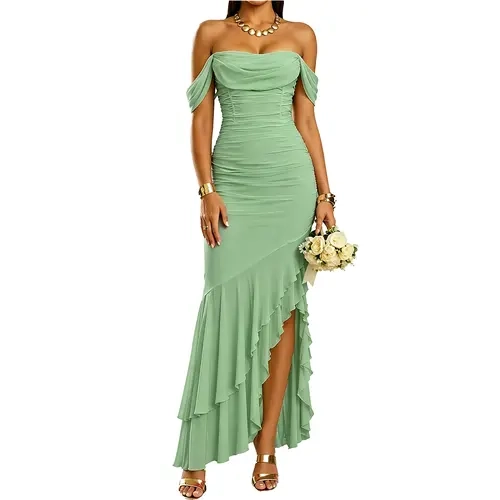 BORIFLORS Women's Elegant Off-Shoulder Sleeveless Ruched Maxi Dress - Soft Stretchy Fabric, Comfortable Slimming Bodycon, High Split Ruffle Hem Formal Gown for Wedding Guests, Cocktail Events