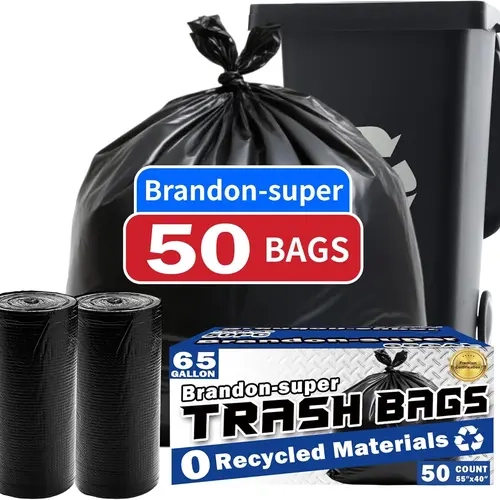 65 Gal Heavy-Duty Construction Trash Bags Pack, 50-Count Leakproof Tear-Resistant Black Plastic Trashbags for Household, Garage, Yard Waste Use