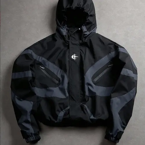 Men’s color-block hooded windproof jacket — loose street-style hoodie, lightweight casual outerwear with zippered pockets