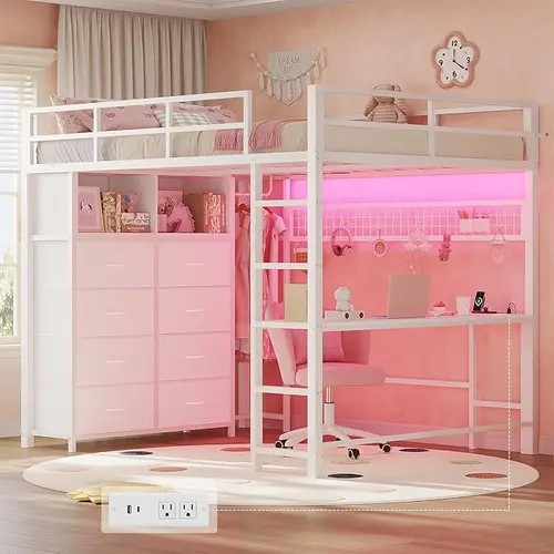 SIKAIC Full Size Loft Bed with Desk and 8 Storage Drawers, LED Metal Loft Bed Frame with Power Outlet, Shelves and Clothing Rack for Space Saving Bedroom