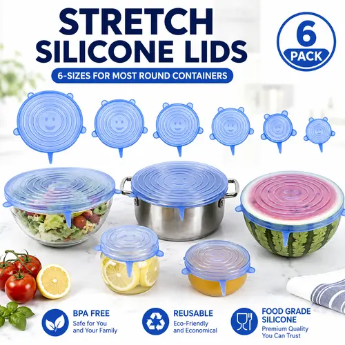 6 Pack Silicone Stretch Lids (2.6", 3.7", 4.3", 5.5", 6.3", 7.7"), Reusable Food Grade Silicone Covers for Bowls, Pots, Cups & Fruits, BPA Free