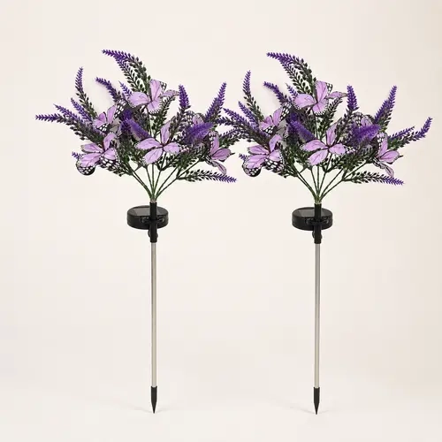 Solar Butterfly Lavender LED Stake Lights Set, 2/4-Pack Options, 7-Head 49-LED Purple Whimsy Novelty Lighting, Auto On/Off Solar Outdoor Lights for Yard, Pathway