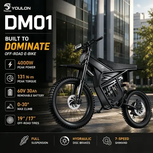 YOULON DM01 Powerful Rugged Ebike for Adults, 4000W Peak Brushless Motor, 131N-m Peak Torque, 60V30Ah Removable Battery, 43-45 MPH Top Speed, Hydraulic Disc Brakes, Long Travel Suspension, Aggressive All-Terrain Dirt Riding Ebike
