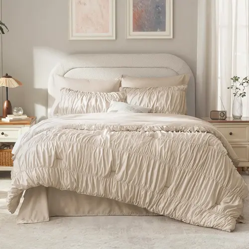 Andency Ruched Pleat Comforter Set 3Piece Vintage Farmhouse Shabby Chic Bedding Cozy Ultra Soft Microfiber for All Season Machine Washable Girls Gifts