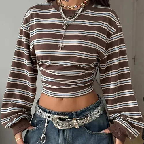 Y2K Grunge Striped Side Ruched Crop Long Sleeve Tee, Baggy Balloon Sleeve Streetwear Top, Trendy Casual Fashion for Women Crop Tops