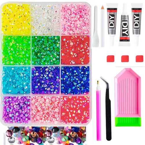 DIY Rhinestone Set, Flatback Resin Rhinestones in Rainbow Hues, Complete Tool Kit with Sorting Trays, Picker Pens, Tweezers & Glue
