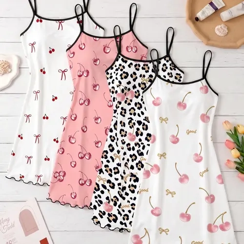 4-Pack Women's Spaghetti Strap Nightdresses, Bear & Bow Cherry All-Over Print Nightwear, Cute Loungewear for Spring & Summer