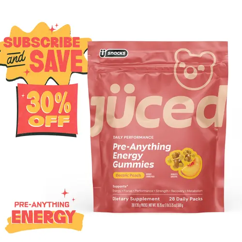 Jüced Energy Gummies | Peach Pre-Anything Gummies | 75mg Natural Caffeine plus L-Carnitine, DuraBeet Betaine, and Rhodiola Rosea to support energy, endurance, and stress management | Vegan & Gluten-Free | 28 Daily Packs
