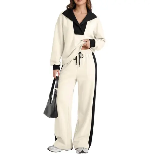 Aleumdr Women's 2-Piece Colorblock Sweatsuit - Lapel Collared Long Sleeve Pullover, Adjustable Elastic Straight Leg Jogger Pants, Outfit Sets for Women 2 Piece Sets
