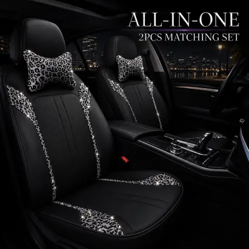 Queen’s Land Leopard 2Front Bling Sparkly Car Seat Covers with Crystal Rhinestone Headrest Pillows Set, Luxury Car Interior Accessories for Women, Girly Car Decor Gift