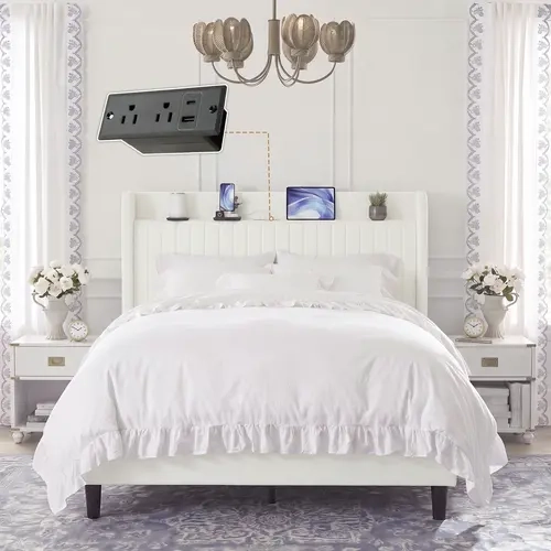 SHA CERLIN Contemporary Upholstered Velvet Wingback Platform Bed Frame - USB Charging Port, Storage Headboard, Wooden Slats Support, No Box Spring Needed, Easy Assembly, Queen/King/Full Sizes, Bedroom Furniture, SohoChic, Contemporary Upholstered Bedframe