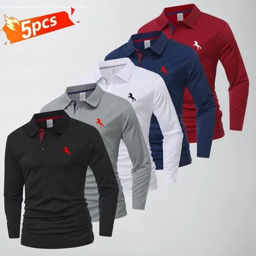 Men’s 5PCS Classic Button Front Polo Shirts - Contrast Collar Long Sleeve, Casual Solid Color, Fashion Print, Stretchable Quick-Dry Polyester Activewear for Golf, Outdoor Work Tops (Men's Clothing, Menswear), Longsleeves