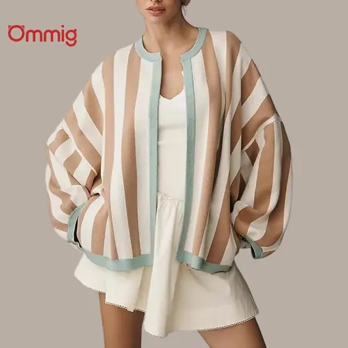 Ommig Women's Casual Chic Cowl Neck Striped Cardigans - Long Full Sleeves, Open Front, Loose Fit Mixed Fibers Sweater Knitwear Top