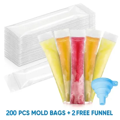 BPA-Free Food-Grade Rectangular Kitchenware Freezer-Safe Storage Containers with 200/100 Pack Leakproof Double-Seal DIY Popsicle Bags, Collapsible Silicone Funnel for Homemade Treats, Smoothies Utensils