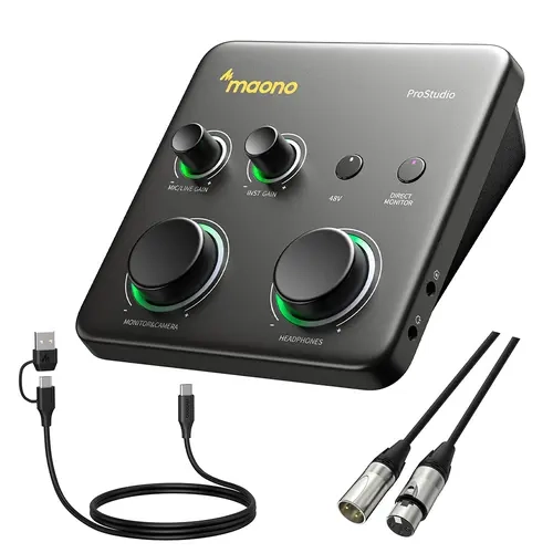 MAONO P1 Hybrid Multi-Device Audio Interface with Cable & Adapter - 70dB Gain, Auto-Gain, Loopback, Mute, Noise Reduction - for XLR Mic, PC, Phone, iPad, Guitar - Streaming, Recording for Content Creators
