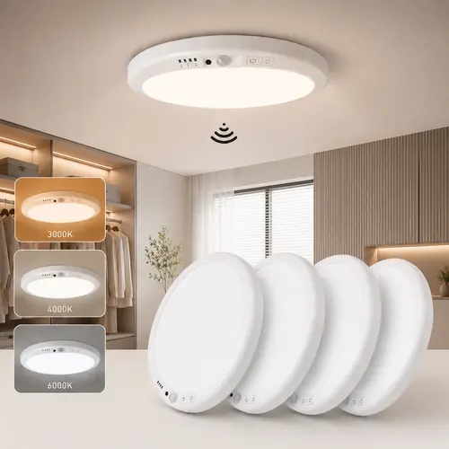 4-Pack Rechargeable Magnetic Ceiling Light, Wireless Battery-Operated LED Ceiling Light with Remote, Motion Sensor, 3 Color Modes, for Shower, Closet, Hallway, Pantry, Garage