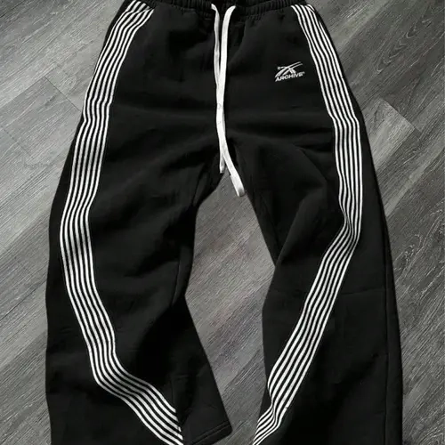 Men's Side-Striped Polyester Jogging Pants - Embroidered Drawstring Baggy Streetwear Track Pants, American High-Street Retro Loose Casual Bottoms