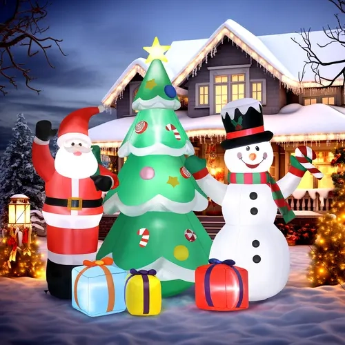 Ubesgoo 7.5ft Inflatable Christmas Decoration Set featuring a snowman, penguin, polar bear, Santa Claus, and Christmas tree Weatherproof Festive Piece with Built-in Blower, Stakes, Tethers - Front Porch Decor