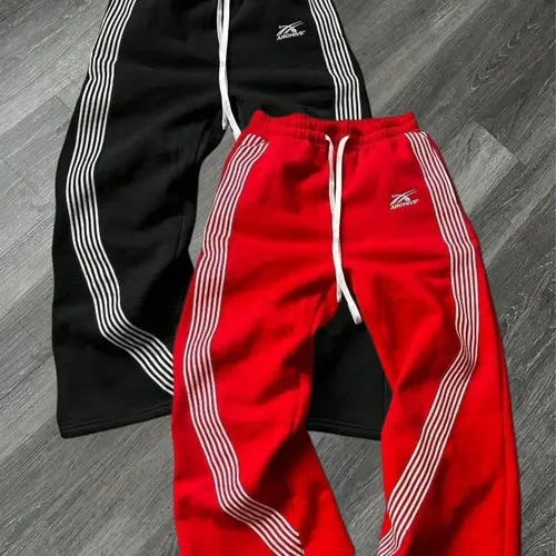 Men’s two-pack athletic sweatpants with side stripes — embroidered drawstring straight-leg long pants; American high-street retro loose casual long pants