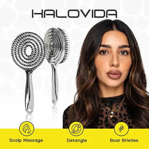 【Chela Exclusive】HALOVIDA Hollow Round Bristle Brush - Anti-Static Massage Brush for Enhanced Volume & Scalp Care,Pain-Free,Reduces Heat Damage, Ideal for Quick Drying and Voluminous Styling,Pure,Boar bristle brush