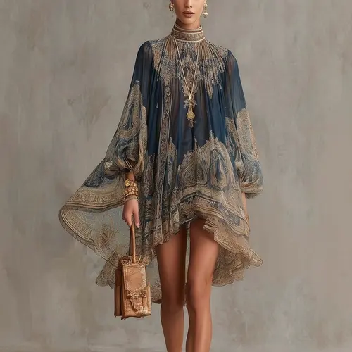Women's Vintage Dress High Collar Printed Chiffon Dress Loose Vacation Style Shawl Long Sleeve Women's Dress