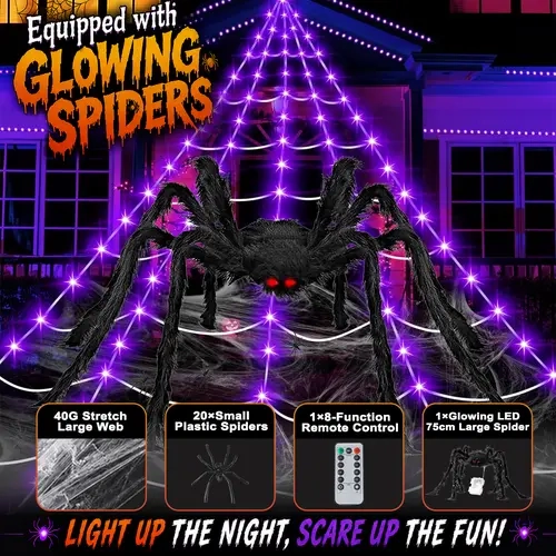 Scary Giant Halloween Spider Web Lights Set - 16.4ft 250 LEDs, 2.46ft Plastic Light-Up Spider, Violet/Violet & Orange Options, Polyester Rope, Outdoor Yard Horror Garden Decor, Tree Hook Accessory