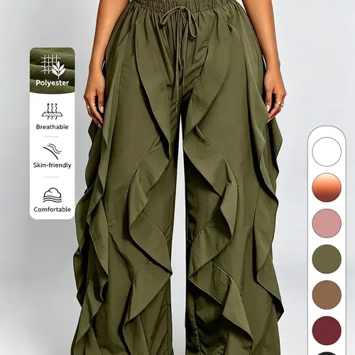 Plus Size Drawstring Elastic Waist Ruffle Side Wide Leg Pants, Lightweight Flowy Trousers for Summer Beach & Vacation, Curvy Friendly and Hip Concealing